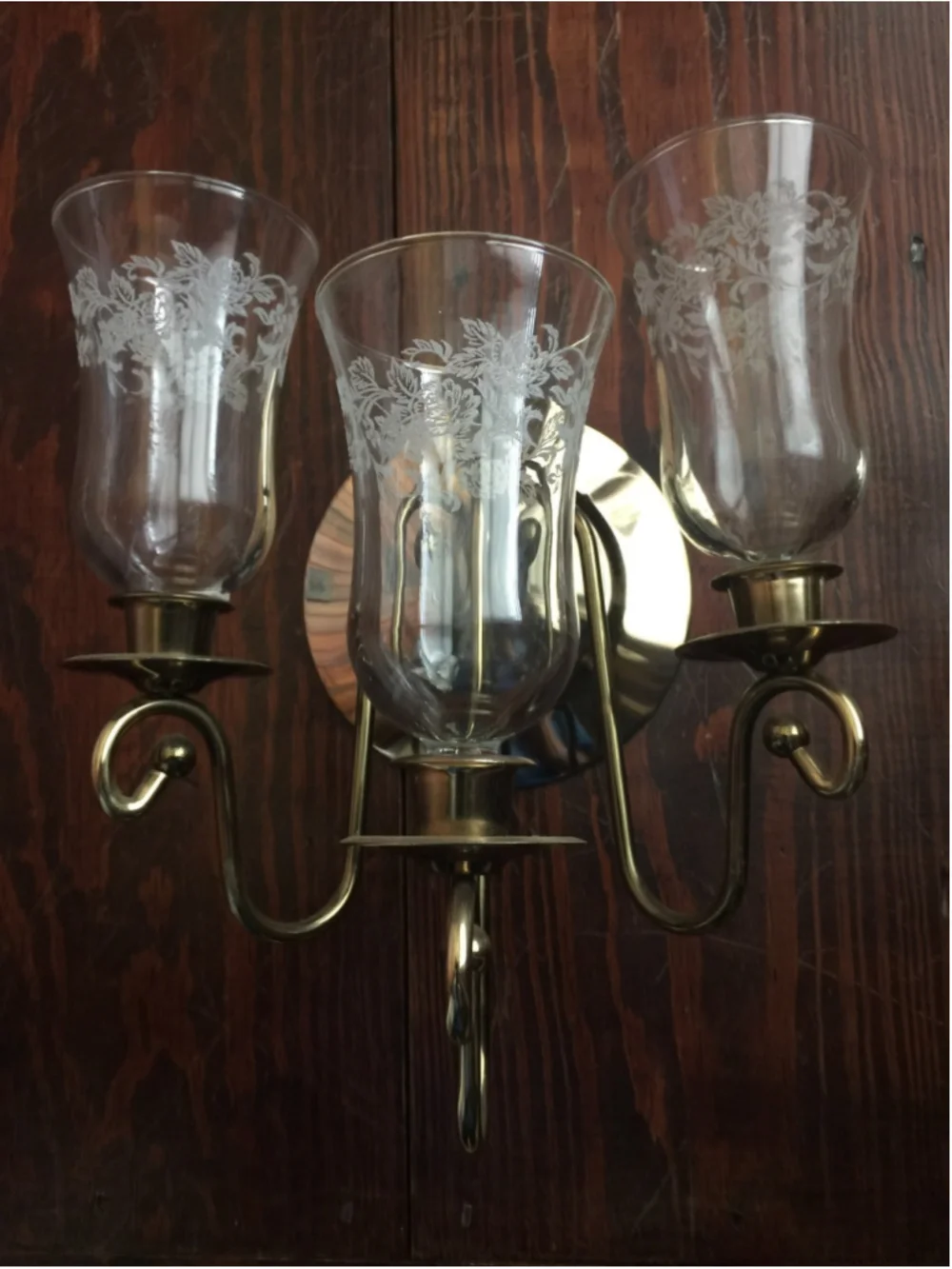 Vtg Pair Brass plate Wall Sconce Candle Holders W/Etched Glass Globes